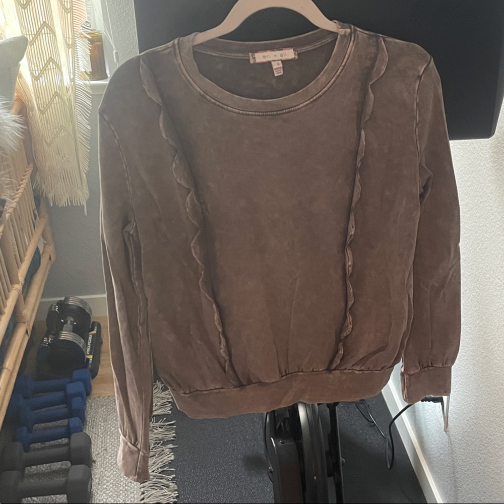eri + ali Lightweight Washed Crewneck Sweatshirt in Taupe with Ruffle Trim
